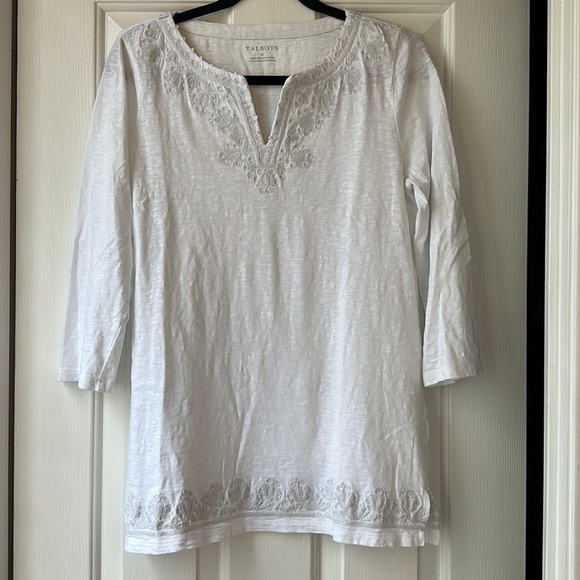 Talbots white embroidered beaded 3/4 sleeve tunic 100% cotton medium - Picture 1 of 3